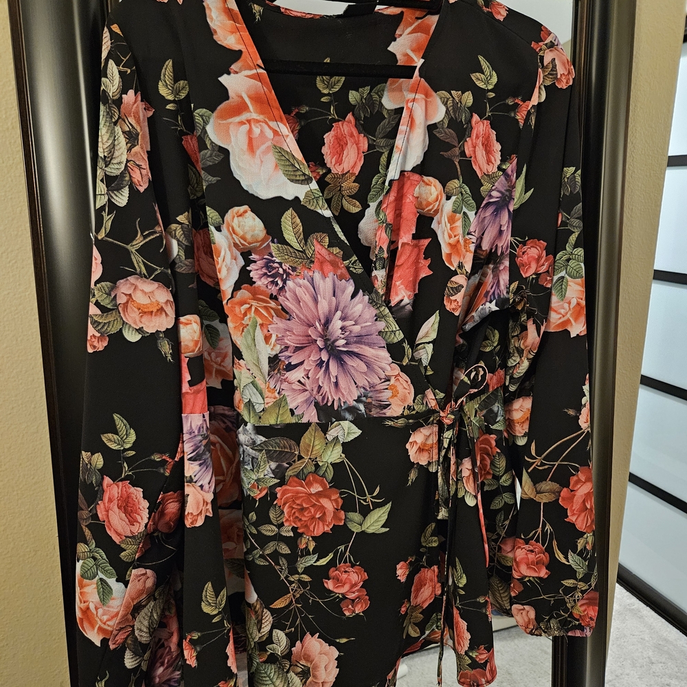City Chic Black Dress with Red and Pink Floral Design